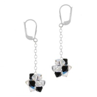 Sterling Silver Black and Aurorae Boreale Swarovski Elements Ball Drop on Chain Lever Back Earrings Sterling Silver Black and Aurorae Boreale Swarovski Elements Ball Drop on Chain Lever Back Earrings
