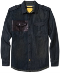 Sean John's gloss on the denim work shirt: Conventional construction-complete with epaulets and flap-covered chest pockets-with a highly unconventional high-shine fabric treatment. Sean John's gloss on the denim work shirt: Conventional construction-complete with epaulets and flap-covered chest pockets-with a highly unconventional high-shine fabric treatment.