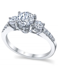 Tell a story with this symbolic style. This My Diamond Story engagement ring features a stunning, certified three-stone diamond design with rows of smaller round-cut diamonds at the shoulders (1-3/4 ct. t.w.). Crafted in 18k white gold. Tell a story with this symbolic style. This My Diamond Story engagement ring features a stunning, certified three-stone diamond design with rows of smaller round-cut diamonds at the shoulders (1-3/4 ct. t.w.). Crafted in 18k white gold.