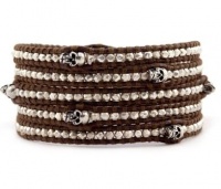 Chan Luu Sterling Silver Skull Wrap Bracelet on Brown Leather