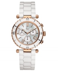 Combining femininity, purity of design and the functionality of a sport watch, this Gc Swiss Made Timepieces watch denotes the feminine side of iconic luxury. Featuring a polished rose goldtone PVD case and white ceramic bezel with precision a white mother-of-pearl dial. The case is complimented by a full high-tech white ceramic bracelet. Swiss multifunction movement. Swiss made. Water resistant to 100 meters. 10-year limited warranty. Luxury Gc gift box packaging included. Combining femininity, purity of design and the functionality of a sport watch, this Gc Swiss Made Timepieces watch denotes the feminine side of iconic luxury. Featuring a polished rose goldtone PVD case and white ceramic bezel with precision a white mother-of-pearl dial. The case is complimented by a full high-tech white ceramic bracelet. Swiss multifunction movement. Swiss made. Water resistant to 100 meters. 10-year limited warranty. Luxury Gc gift box packaging included.