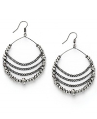 Whip your look into shape with c.A.K.e. by Ali Khan unique chains and beads hoop drop earrings. Crafted in hematite tone mixed metal with faceted glass rondelles (3, 4, and 6 mm). Approximate drop: 2-3/8 inches. Whip your look into shape with c.A.K.e. by Ali Khan unique chains and beads hoop drop earrings. Crafted in hematite tone mixed metal with faceted glass rondelles (3, 4, and 6 mm). Approximate drop: 2-3/8 inches.