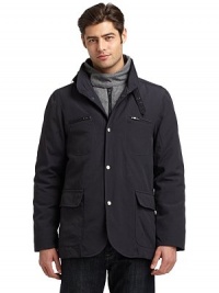 THE LOOKContrast collar and placket underlayDouble stand collarFront snap, zip and buckle closuresLong sleevesChest zip pockets Front flap pocketsQuilted liningVented hemTHE FITAbout 29 from shoulder to hemTHE MATERIALBody: nylon/viscoseContrast: nylon/cottonFill: polyesterFully linedCARE & ORIGINDry cleanImportedThis item was originally available for purchase at Saks Fifth Avenue OFF 5TH stores. THE LOOKContrast collar and placket underlayDouble stand collarFront snap, zip and buckle closuresLong sleevesChest zip pockets Front flap pocketsQuilted liningVented hemTHE FITAbout 29 from shoulder to hemTHE MATERIALBody: nylon/viscoseContrast: nylon/cottonFill: polyesterFully linedCARE & ORIGINDry cleanImportedThis item was originally available for purchase at Saks Fifth Avenue OFF 5TH stores.