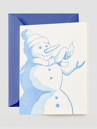 The glow of the moon on a chilly evening lights up a picture perfect Frosty, just like the letterpress snowman etched in blue on this snow white card.Set of 10 cards4.5 X 5.81Made in USA The glow of the moon on a chilly evening lights up a picture perfect Frosty, just like the letterpress snowman etched in blue on this snow white card.Set of 10 cards4.5 X 5.81Made in USA