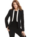 Give your ensemble a sharp, tuxedo-inspired twist with this new petite jacket from Calvin Klein, featuring a boldly contrasting front placket.