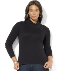 Lauren Ralph Lauren's soft plus size cotton top is crafted with a heritage shawl collar and luxurious knotted buttons at the left shoulder. Lauren Ralph Lauren's soft plus size cotton top is crafted with a heritage shawl collar and luxurious knotted buttons at the left shoulder.