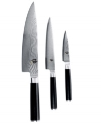Start a cutting edge kitchen! Crafted from stainless steel with an impenetrable steel core, these traditional Japanese blades feature precision angling on each side, full tangs for incredible strength and balance and D-shaped ebony handles that feel just right in your hand. Lifetime warranty. Start a cutting edge kitchen! Crafted from stainless steel with an impenetrable steel core, these traditional Japanese blades feature precision angling on each side, full tangs for incredible strength and balance and D-shaped ebony handles that feel just right in your hand. Lifetime warranty.