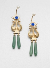 From the Metalphysic Collection. Delightful drops start with gazing eyes atop graceful harp-shaped golden curves holding elongated teardrops of green aventurine.Green aventurine, white agate and black onyxEnamelFreshwater pearls18k goldplated sterling silverDrop, about 3¼Reverse post backMade in Italy From the Metalphysic Collection. Delightful drops start with gazing eyes atop graceful harp-shaped golden curves holding elongated teardrops of green aventurine.Green aventurine, white agate and black onyxEnamelFreshwater pearls18k goldplated sterling silverDrop, about 3¼Reverse post backMade in Italy