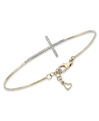 It's a beautiful cross to bear in this YellOra™ wire bracelet. Single-cut diamonds (1/6 ct. t.w.) enhance the appeal of the pure gold, sterling silver and palladium combination. Approximate length: 7-1/4 inches + 1-1/4 inch extender. It's a beautiful cross to bear in this YellOra™ wire bracelet. Single-cut diamonds (1/6 ct. t.w.) enhance the appeal of the pure gold, sterling silver and palladium combination. Approximate length: 7-1/4 inches + 1-1/4 inch extender.