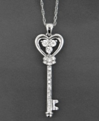 Victorian-era elegance is showcased in this stunning diamond necklace featuring round-cut diamonds (1/10 ct. t.w.) set in a 14k white gold key pendant. Approximate length: 18 inches. Approximate drop: 1-1/2 inches.