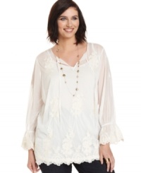 Lend a romantic essence to your casual wardrobe with Alfani's long sleeve plus size peasant top, beautifully finished by embroidery. Lend a romantic essence to your casual wardrobe with Alfani's long sleeve plus size peasant top, beautifully finished by embroidery.
