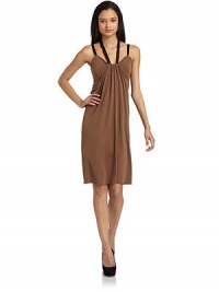 THE LOOKDraped designPullover styleHalter necklineThin strapsFront and back draped panel with gathered detailsTHE FITAbout 40 from shoulder to hemTHE MATERIAL95% polyester/5% spandexCARE & ORIGINDry cleanImportedModel shown is 5'10 (177cm) wearing US size Small. THE LOOKDraped designPullover styleHalter necklineThin strapsFront and back draped panel with gathered detailsTHE FITAbout 40 from shoulder to hemTHE MATERIAL95% polyester/5% spandexCARE & ORIGINDry cleanImportedModel shown is 5'10 (177cm) wearing US size Small.