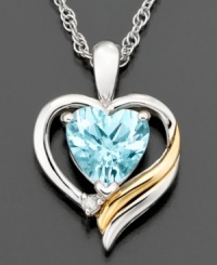 Dive into the crystal clear colors of this gorgeous heart pendant featuring round-cut aquamarine (1 ct. t.w.) and diamond accents set in 14k gold and sterling silver. Approximate length: 18 inches. Approximate drop: 3/4 inch. Dive into the crystal clear colors of this gorgeous heart pendant featuring round-cut aquamarine (1 ct. t.w.) and diamond accents set in 14k gold and sterling silver. Approximate length: 18 inches. Approximate drop: 3/4 inch.