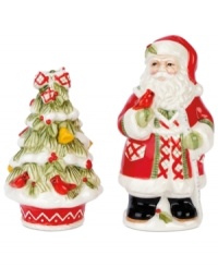 Accented with Winterberry plaid, these figural salt and pepper shakers fit right into the Fitz and Floyd serveware collection, but with so much magical detail, are a festive sight all on their own. Accented with Winterberry plaid, these figural salt and pepper shakers fit right into the Fitz and Floyd serveware collection, but with so much magical detail, are a festive sight all on their own.