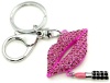 Gorgeous Sparkling Pink Crystal Lips and Lipstick Charms Silver Plated Keychain/Key Chain