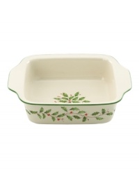 Bake it merry. With a holly motif to match the beloved Holiday dinnerware from Lenox, this small square baker is ideal for serving fruit crisps and roasted veggies. Bake it merry. With a holly motif to match the beloved Holiday dinnerware from Lenox, this small square baker is ideal for serving fruit crisps and roasted veggies.