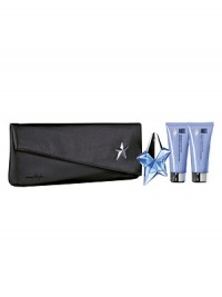 Transforming into a seductress is effortless with the Angel Refillable Shooting Star and sophisticated selection of bath and body products. The celestial collection is presented with a stylish, black leather-like clutch - decorated with a silver metallic star, inspired by Thierry Mugler's fashionable universe.Set includes: 0.8 oz. Shooting Star Eau de Parfum Refillable Spray, 3.4 oz. Perfuming Body Lotion, 3.4 oz. Perfuming Shower Gel, and a Thierry Mugler Signature Clutch. Transforming into a seductress is effortless with the Angel Refillable Shooting Star and sophisticated selection of bath and body products. The celestial collection is presented with a stylish, black leather-like clutch - decorated with a silver metallic star, inspired by Thierry Mugler's fashionable universe.Set includes: 0.8 oz. Shooting Star Eau de Parfum Refillable Spray, 3.4 oz. Perfuming Body Lotion, 3.4 oz. Perfuming Shower Gel, and a Thierry Mugler Signature Clutch.