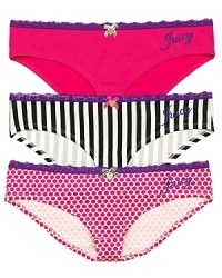 Give boyshorts to all the girls with this gift-ready set from Juicy Couture. Three pairs of lace-trimmed hipsters are packaged in a striped box with a hot pink bow. Give boyshorts to all the girls with this gift-ready set from Juicy Couture. Three pairs of lace-trimmed hipsters are packaged in a striped box with a hot pink bow.