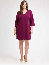 You will adore how the classic princess seams of this jersey dress ensure an exquisite fit. The scalloped trim adds a sweet touch to this relaxed-fit design.V-neckThree-quarter sleevesScalloped trimPrincess seamsAbout 24 from natural waistRayon/nylon/spandexMachine washImported You will adore how the classic princess seams of this jersey dress ensure an exquisite fit. The scalloped trim adds a sweet touch to this relaxed-fit design.V-neckThree-quarter sleevesScalloped trimPrincess seamsAbout 24 from natural waistRayon/nylon/spandexMachine washImported