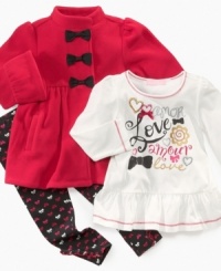 Your sweet bundle of joy will look lovely in this super adorable and super soft 3-piece bow accented jacket, trendy top, and colorful bow print leggings set by Kids Headquarters. Your sweet bundle of joy will look lovely in this super adorable and super soft 3-piece bow accented jacket, trendy top, and colorful bow print leggings set by Kids Headquarters.