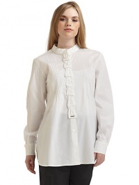 THE LOOKDouble-banded collarPintucked details at frontRuffled detail at button placketButtonfrontButtoned cuffsLogo hardware at placket bottomShirttail hemTHE FITAbout 29 from shoulder to hemTHE MATERIAL97% cotton/3% elastaneCARE & ORIGINHand washImported THE LOOKDouble-banded collarPintucked details at frontRuffled detail at button placketButtonfrontButtoned cuffsLogo hardware at placket bottomShirttail hemTHE FITAbout 29 from shoulder to hemTHE MATERIAL97% cotton/3% elastaneCARE & ORIGINHand washImported