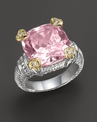 Faceted pink crystal stone ring is offset by four heart-shaped diamond accents set in 18 Kt. gold. Textured sterling silver band. Designed by Judith Ripka. Faceted pink crystal stone ring is offset by four heart-shaped diamond accents set in 18 Kt. gold. Textured sterling silver band. Designed by Judith Ripka.