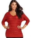 Shimmer this season with AGB's three-quarter-sleeve plus size sweater, featuring sequined stripes!