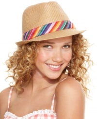 A playful take on a classic style: this straw fedora from American Rag adds a cute touch with a bright rainbow band. A playful take on a classic style: this straw fedora from American Rag adds a cute touch with a bright rainbow band.