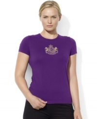The epitome of chic heritage and easy style, Lauren Ralph Lauren's classic Keely tee in soft cotton jersey is embroidered with a bold metallic crest at the front. The epitome of chic heritage and easy style, Lauren Ralph Lauren's classic Keely tee in soft cotton jersey is embroidered with a bold metallic crest at the front.