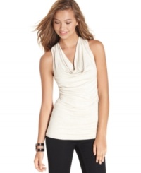 Lace racerback design adds sheer magic to this cowl neck top from BCX! For a look that ranks high on the cute scale, pair the top with a pair of sleek skinny jeans! Lace racerback design adds sheer magic to this cowl neck top from BCX! For a look that ranks high on the cute scale, pair the top with a pair of sleek skinny jeans!