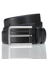 In a classic, polished silhouette, this feathered edge leather belt from Calvin Klein will be a heavy hitter in your wardrobe. In a classic, polished silhouette, this feathered edge leather belt from Calvin Klein will be a heavy hitter in your wardrobe.