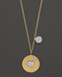 Diamond heart framed in gold necklace is accented with a diamond pavé disc charm. Matching bracelet, sold separately. Designed by Meira T. Diamond heart framed in gold necklace is accented with a diamond pavé disc charm. Matching bracelet, sold separately. Designed by Meira T.