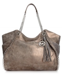 Elegance with an edge, this titillating tote from MICHAEL Michael Kors is all about attitude. Crafted from sumptuous leather with whipstitch and chain detail and signature hardware, this diva-licious design also features a roomy interior with plenty of pockets for the day-to-night essentials. Elegance with an edge, this titillating tote from MICHAEL Michael Kors is all about attitude. Crafted from sumptuous leather with whipstitch and chain detail and signature hardware, this diva-licious design also features a roomy interior with plenty of pockets for the day-to-night essentials.