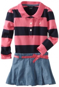 Nautica Sportswear Kids Girls 2-6X Long Sleeve Striped Rugby Top With Chambray Skirt Attached, Medium Pink, 4T