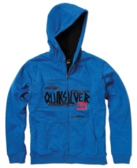 This Quiksilver hoodie has faux fur lining for extra warmth and a sleek logo print for extra coolness. This Quiksilver hoodie has faux fur lining for extra warmth and a sleek logo print for extra coolness.