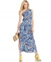 An allover bold print makes a bright statement on this one-shoulder RACHEL Rachel Roy maxi dress -- perfect for a summer soiree!