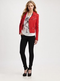 An edgy topper, closely cropped and embellished with utilitarian biker stling.Notched snap-button collarEpaulettesAsymmetrical zipper frontZip pocketsFlap pocketAbout 21 from shoulder to hem98% cotton/2% spandexDry cleanMade in ItalyModel shown is 5'10½ (179cm) wearing US size 4. An edgy topper, closely cropped and embellished with utilitarian biker stling.Notched snap-button collarEpaulettesAsymmetrical zipper frontZip pocketsFlap pocketAbout 21 from shoulder to hem98% cotton/2% spandexDry cleanMade in ItalyModel shown is 5'10½ (179cm) wearing US size 4.