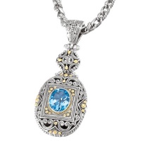 925 Silver & Blue Topaz Oval Picture Frame Pendant with 18k Gold Accents 925 Silver & Blue Topaz Oval Picture Frame Pendant with 18k Gold Accents
