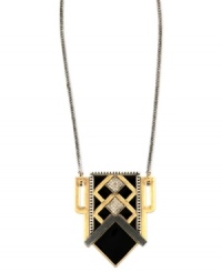 A daring display. RACHEL Rachel Roy's necklace is crafted from gold-tone mixed metal, with silver-ox tone details along jet black enamel. Sparkling glass stones add luster. Approximate length: 14 inches + 2-inch extender. Approximate drop: 2-3/4 inches. A daring display. RACHEL Rachel Roy's necklace is crafted from gold-tone mixed metal, with silver-ox tone details along jet black enamel. Sparkling glass stones add luster. Approximate length: 14 inches + 2-inch extender. Approximate drop: 2-3/4 inches.