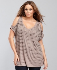 Sexy cutouts and edgy studs create a unique combination of tough and tender on INC's plus size, party-ready top! Sexy cutouts and edgy studs create a unique combination of tough and tender on INC's plus size, party-ready top!