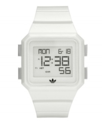 Retro, video game-inspired timekeeping by adidas. Peachtree watch crafted of white plastic bracelet and square case. Positive display digital dial features day, date, time, alarm, chronograph, interval timer and 10-lap memory. Quartz movement. Water resistant to 50 meters. Two-year limited warranty. Retro, video game-inspired timekeeping by adidas. Peachtree watch crafted of white plastic bracelet and square case. Positive display digital dial features day, date, time, alarm, chronograph, interval timer and 10-lap memory. Quartz movement. Water resistant to 50 meters. Two-year limited warranty.
