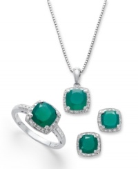 Pure, elegant energy. Surround yourself in vibrant green agate with this gorgeous pendant set. Each piece of agate (4-1/10 ct. t.w.) is surrounded by a sleek ring of diamond accents to make this set really sparkle. Approximate length (necklace): 18 inches. Approximate drop (pendant): 1/4 inch. Approximate earring diameter: 1/4 inch. Ring size 7. Pure, elegant energy. Surround yourself in vibrant green agate with this gorgeous pendant set. Each piece of agate (4-1/10 ct. t.w.) is surrounded by a sleek ring of diamond accents to make this set really sparkle. Approximate length (necklace): 18 inches. Approximate drop (pendant): 1/4 inch. Approximate earring diameter: 1/4 inch. Ring size 7.