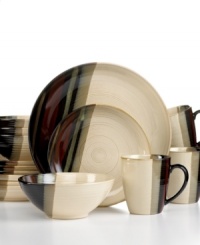 Streaks of deep, earthy tones create an artfully dynamic, yet comforting look over cream-glazed stoneware in the Alpha collection from Sango. Its simple lines and rounded shapes give this set an ideal, transitional design. Streaks of deep, earthy tones create an artfully dynamic, yet comforting look over cream-glazed stoneware in the Alpha collection from Sango. Its simple lines and rounded shapes give this set an ideal, transitional design.