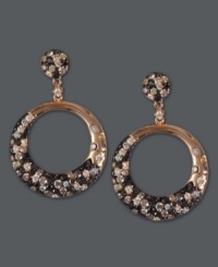 Circle chic. EFFY Collection's stunning cut-out circle drop earrings highlight a gradation of diamonds including round-cut black diamonds (5/8 ct. t.w.), champagne diamonds (3/4 ct. t.w.) and white diamonds (1/4 ct. t.w.). Crafted in 14k rose gold. Approximate drop: 1-1/10 inches. Approximate diameter: 7/10 inch. Circle chic. EFFY Collection's stunning cut-out circle drop earrings highlight a gradation of diamonds including round-cut black diamonds (5/8 ct. t.w.), champagne diamonds (3/4 ct. t.w.) and white diamonds (1/4 ct. t.w.). Crafted in 14k rose gold. Approximate drop: 1-1/10 inches. Approximate diameter: 7/10 inch.