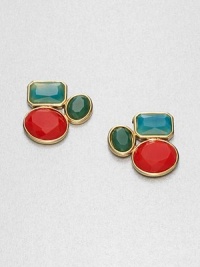 A colorful design featuring faceted stones in various shapes and sizes. Resin stones12k goldplated brassSize, about 2Post backImported A colorful design featuring faceted stones in various shapes and sizes. Resin stones12k goldplated brassSize, about 2Post backImported