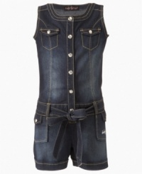 Denim gets dressed up. A belted waist and button details on this Baby Phat romper will make your blue-jean baby smile all day long. Denim gets dressed up. A belted waist and button details on this Baby Phat romper will make your blue-jean baby smile all day long.