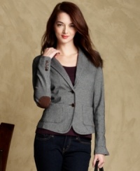 Prep up your look with Tommy Hilfiger's herringbone knit blazer, complete with faux-suede elbow patches. Prep up your look with Tommy Hilfiger's herringbone knit blazer, complete with faux-suede elbow patches.