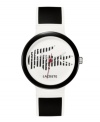 A sports watch with bite, by Lacoste. Unisex Goa watch crafted of black silicone strap with white piping and round plastic case. White dial features black vertical striped crocodile print, logo at six o'clock, white cutout hour and minute hands and red second hand. Quartz movement. Water resistant to 30 meters. Two-year limited warranty.