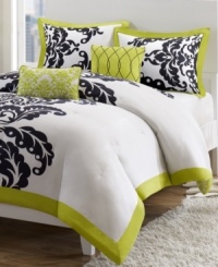 A classic black and white palette is accented with bright pops of lime green in this Mallorie duvet cover set. Features a bold flourish design for a contemporary look. Two decorative pillows complete the set perfectly. A classic black and white palette is accented with bright pops of lime green in this Mallorie duvet cover set. Features a bold flourish design for a contemporary look. Two decorative pillows complete the set perfectly.