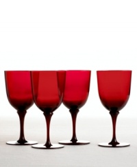 This set of garnet-red goblets from Martha Stewart Collection infuses every beverage with rich holiday splendor. In dishwasher-safe glass for easy cleanup. This set of garnet-red goblets from Martha Stewart Collection infuses every beverage with rich holiday splendor. In dishwasher-safe glass for easy cleanup.
